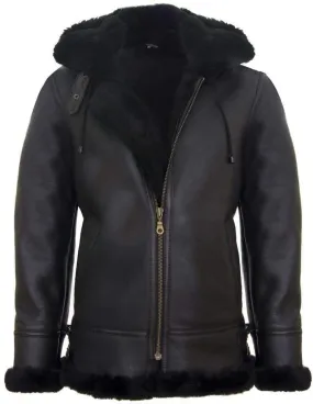 B3 Sheepskin Jacket with Detachable Hood in Black