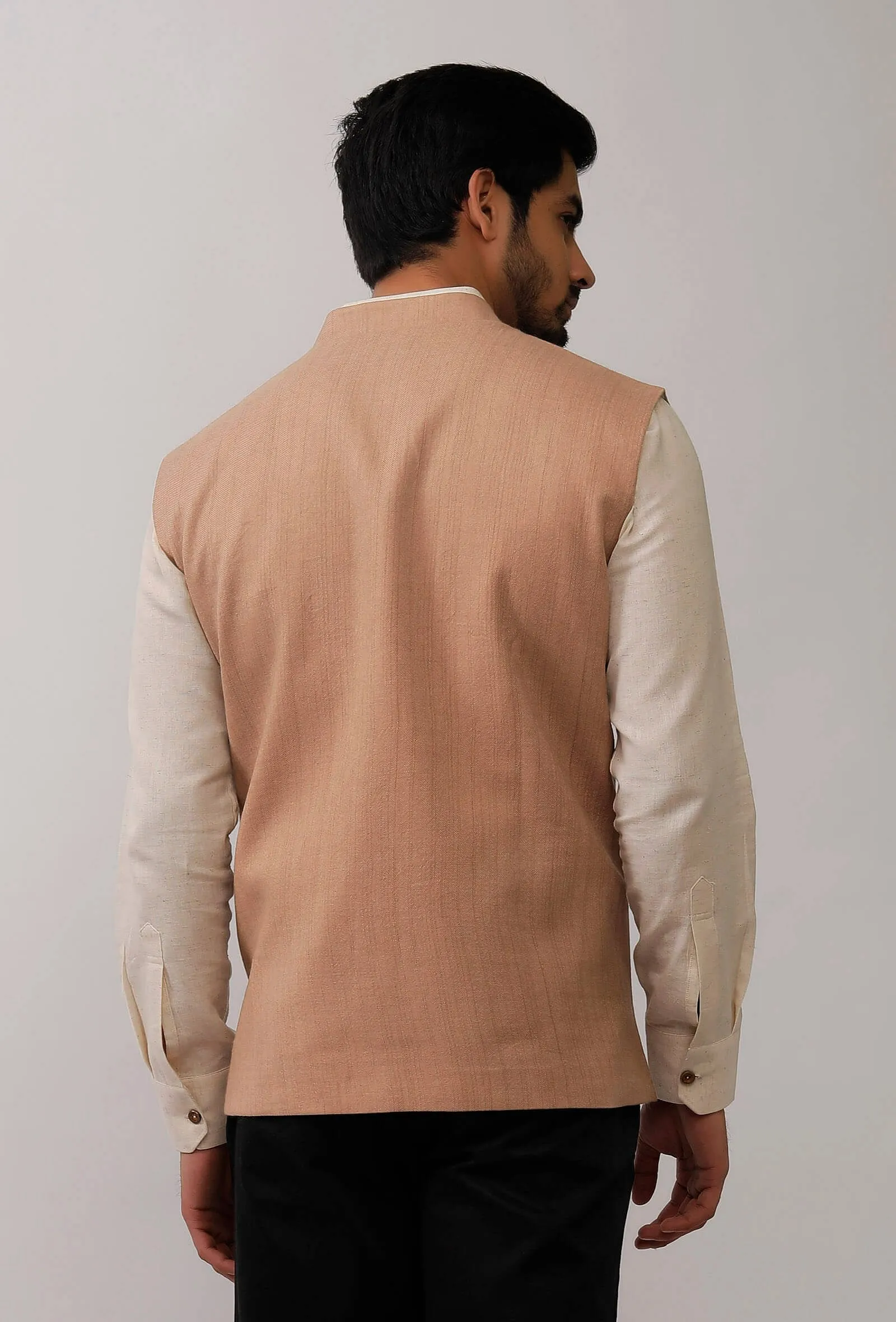 Beige Pure Kashmiri Wool Nehru Jacket