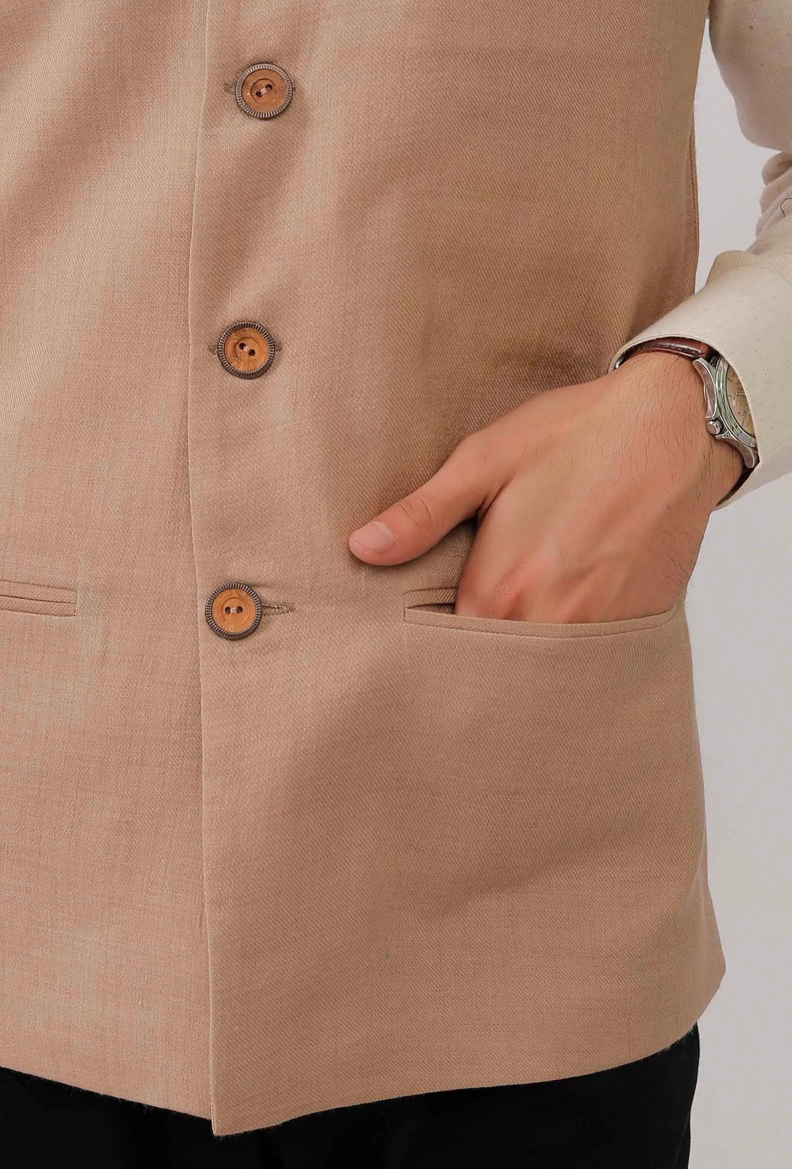 Beige Pure Kashmiri Wool Nehru Jacket