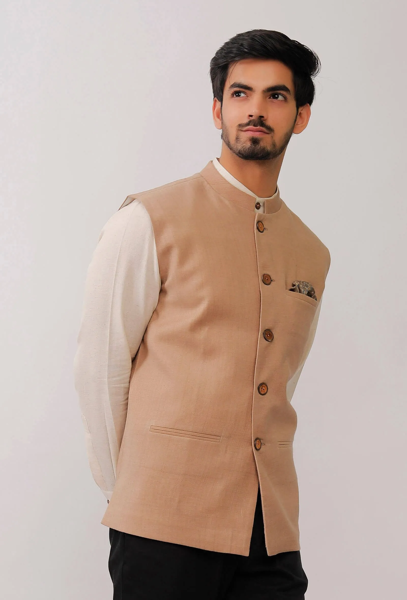 Beige Pure Kashmiri Wool Nehru Jacket