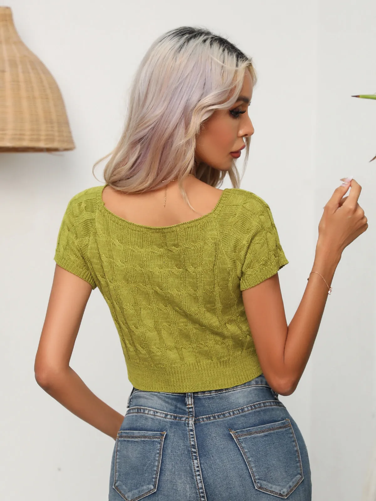 Cable-Knit Round Neck Short Sleeve Knit Top