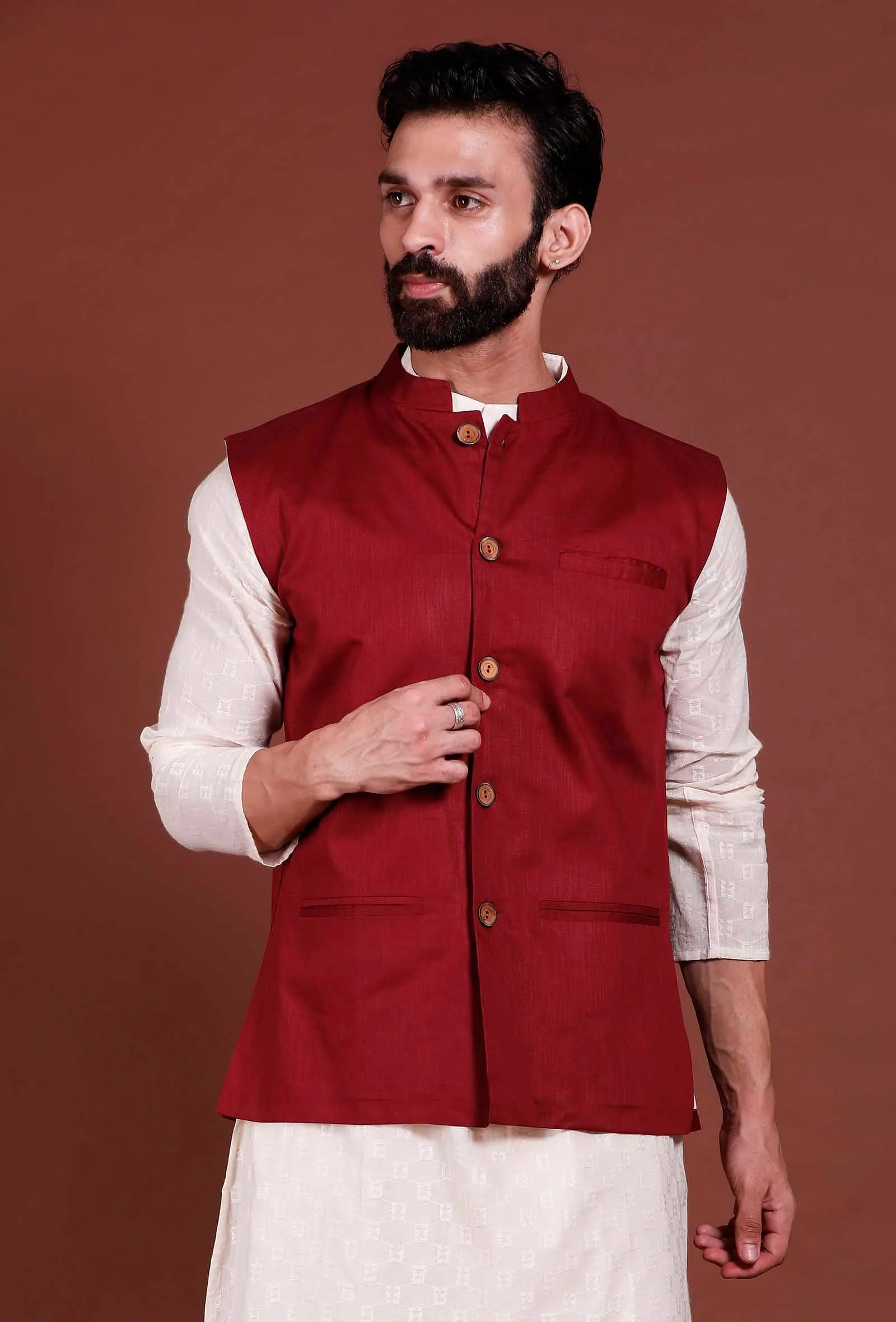 Dark Red Cotton Nehru Jacket