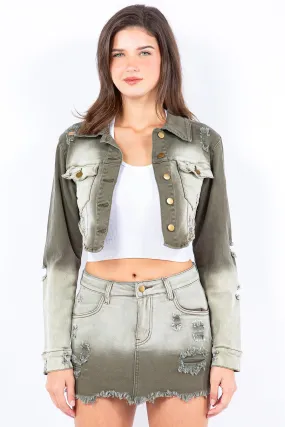 Distressed Ombre Washed Cropped Denim Jacket