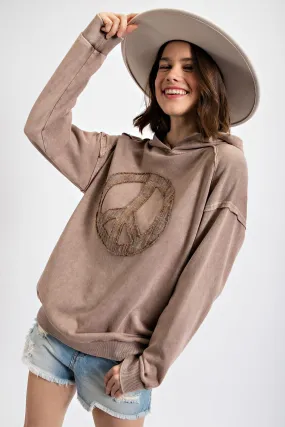 Long Sleeve Peace Sign Patch Mineral Wash Hooded Top