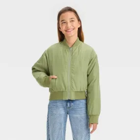 New - Girls' Cropped Bomber Jacket - art class Olive Green XL