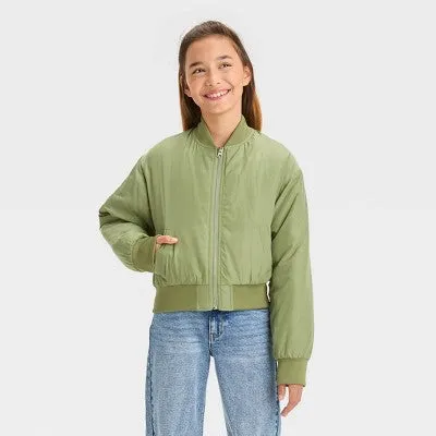 New - Girls' Cropped Bomber Jacket - art class Olive Green XL