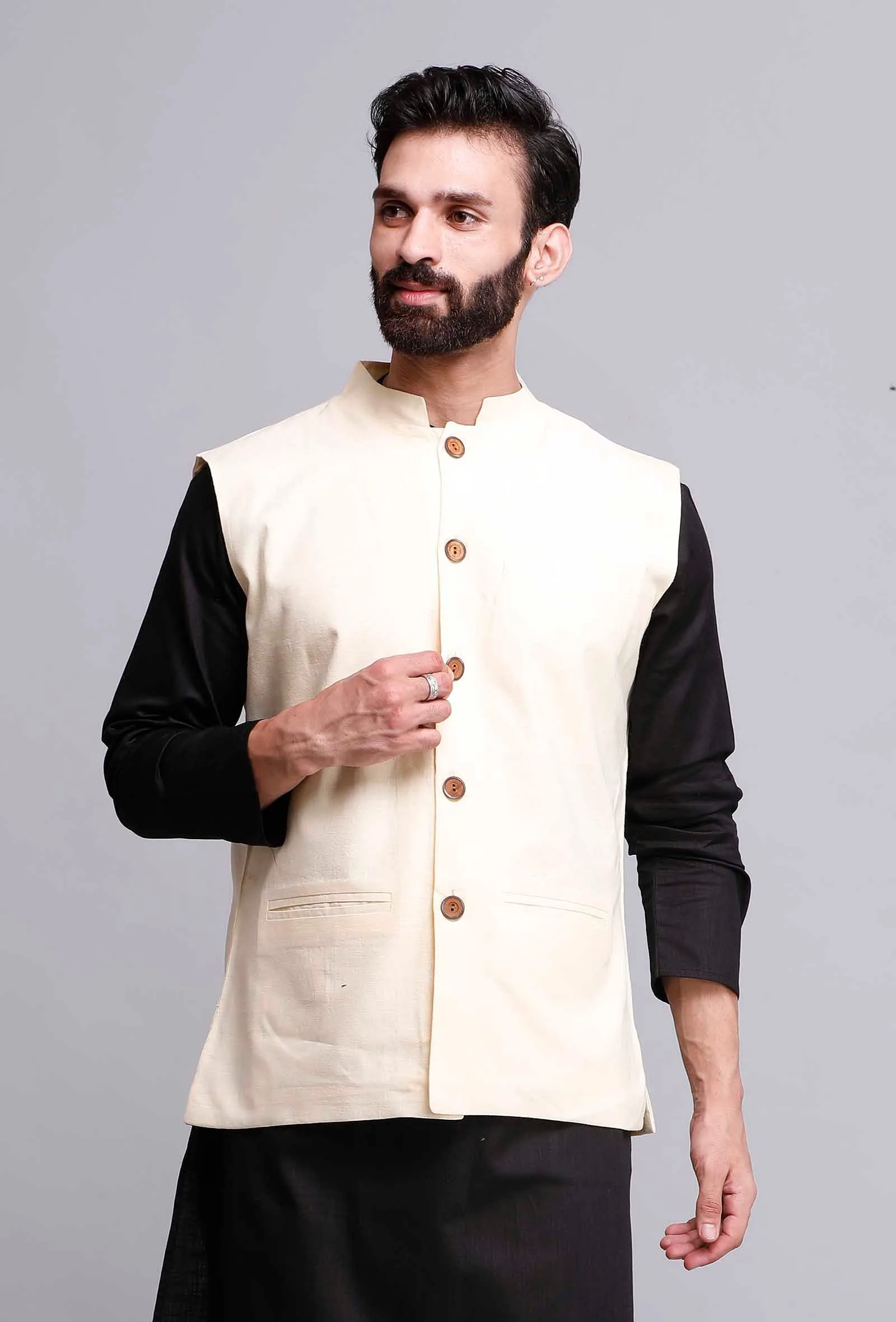 Off White Cotton Nehru Jacket