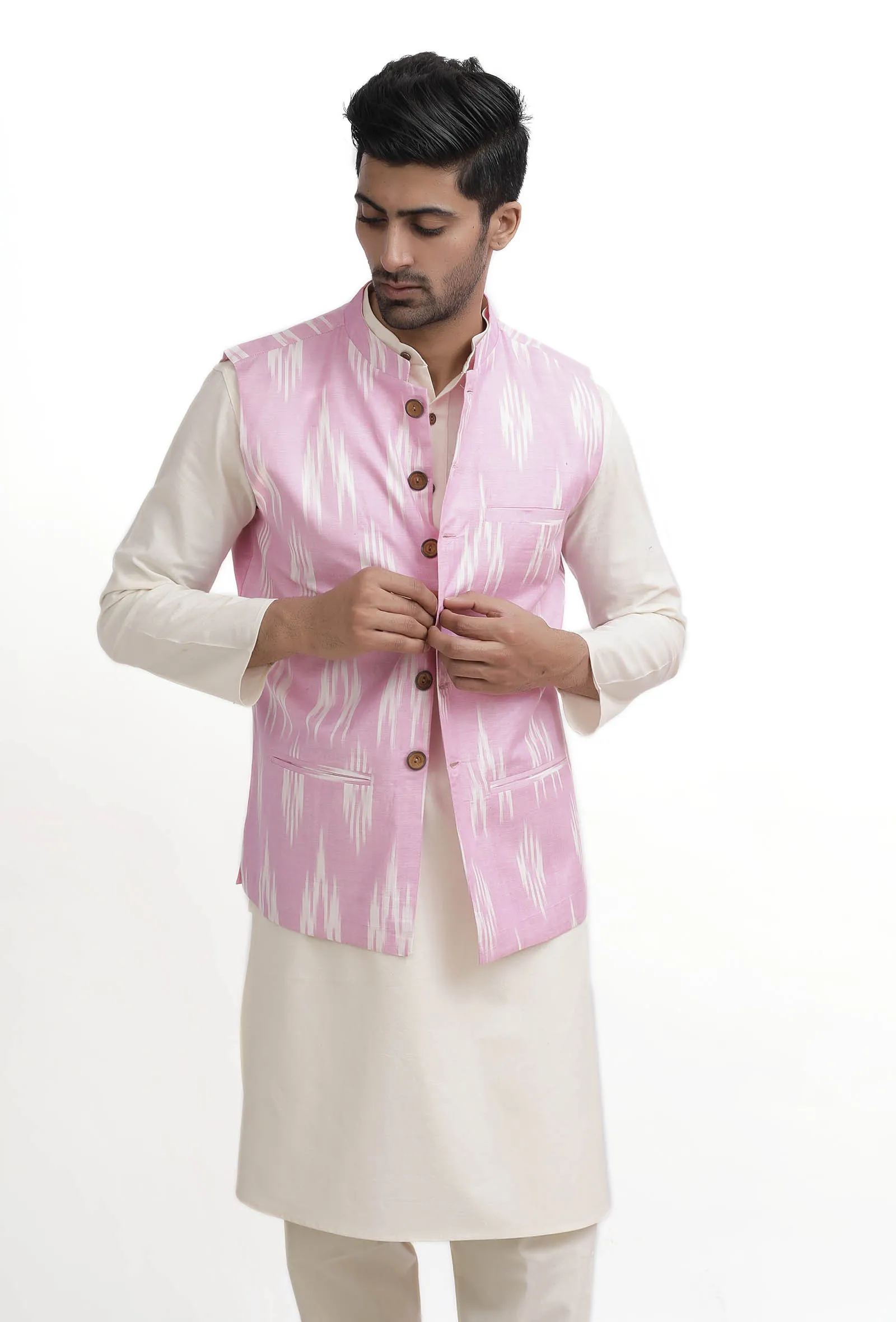 Pastel Pink Ikat Nehru Jacket