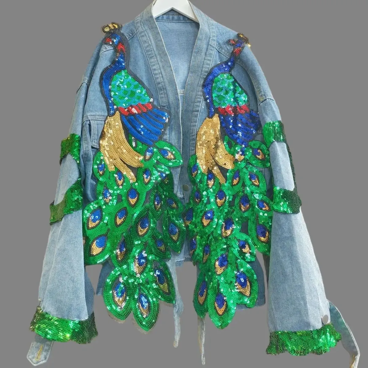 Pre Order:  V-neck 3D Peacock Sequined Embroidery Denim Jacket