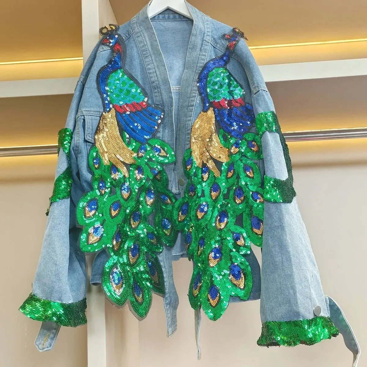 Pre Order:  V-neck 3D Peacock Sequined Embroidery Denim Jacket