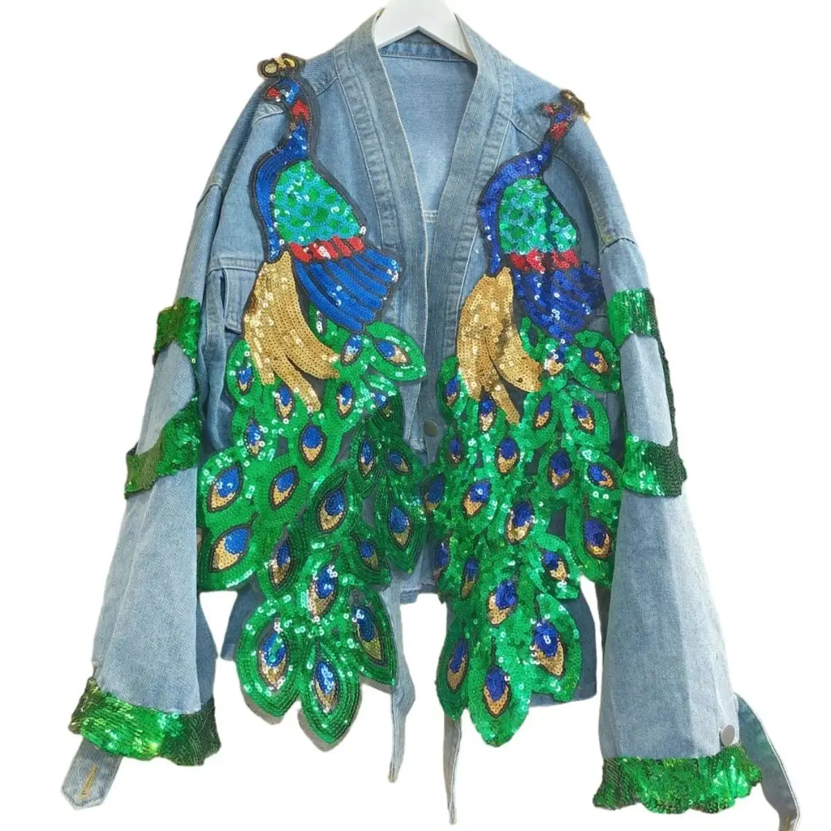 Pre Order:  V-neck 3D Peacock Sequined Embroidery Denim Jacket