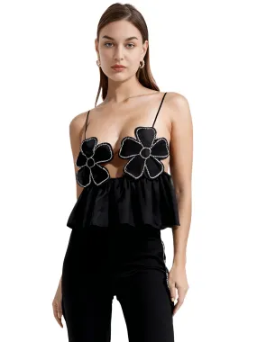 Women Fashion Floral Backless Black Lace Up Cropped Top