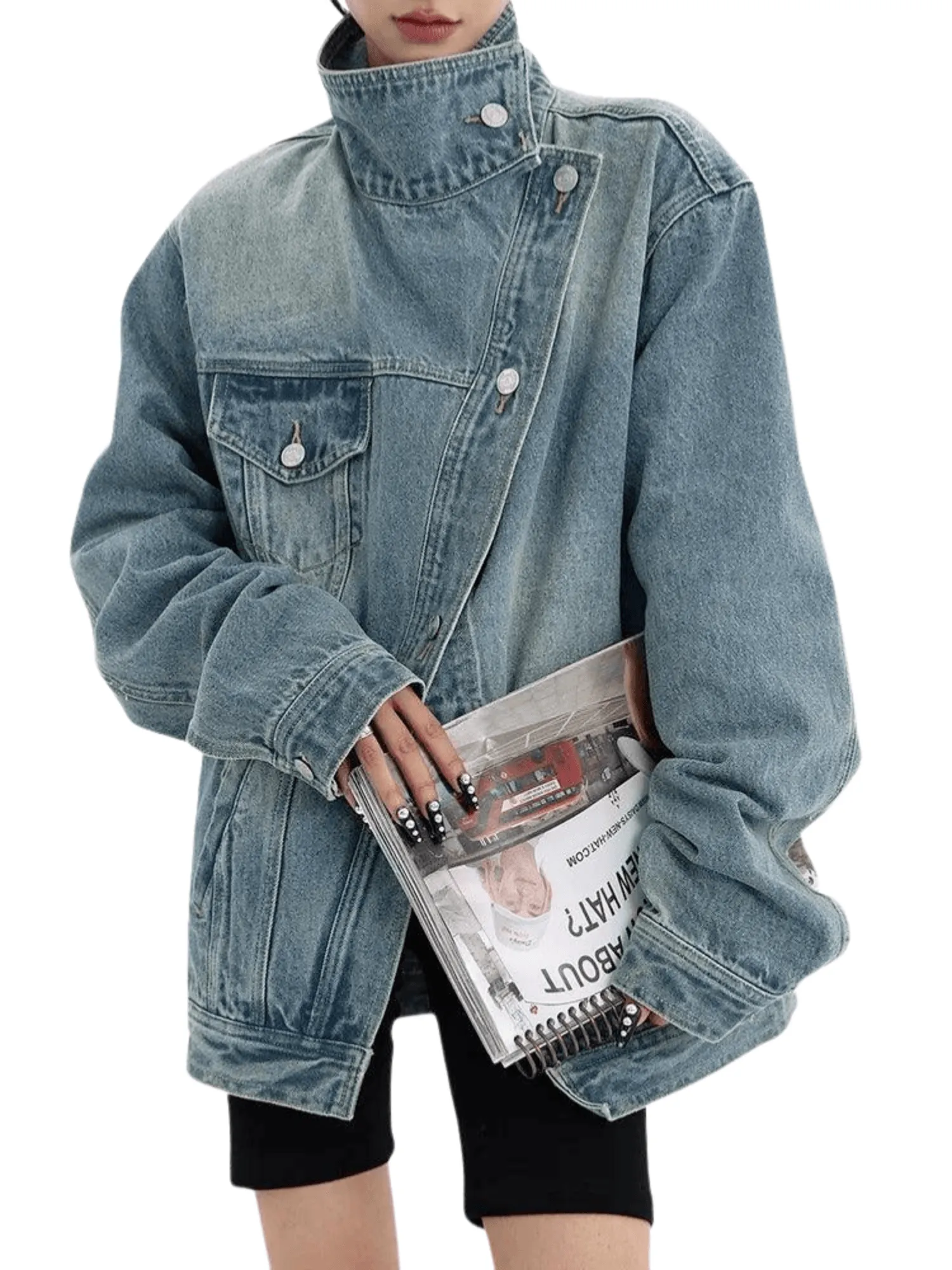 Women's Denim Coat Streetwear Turtleneck Single Breasted Full Sleeve Patchwork Versatile Jacket Fashion Autumn Streetwear Denim