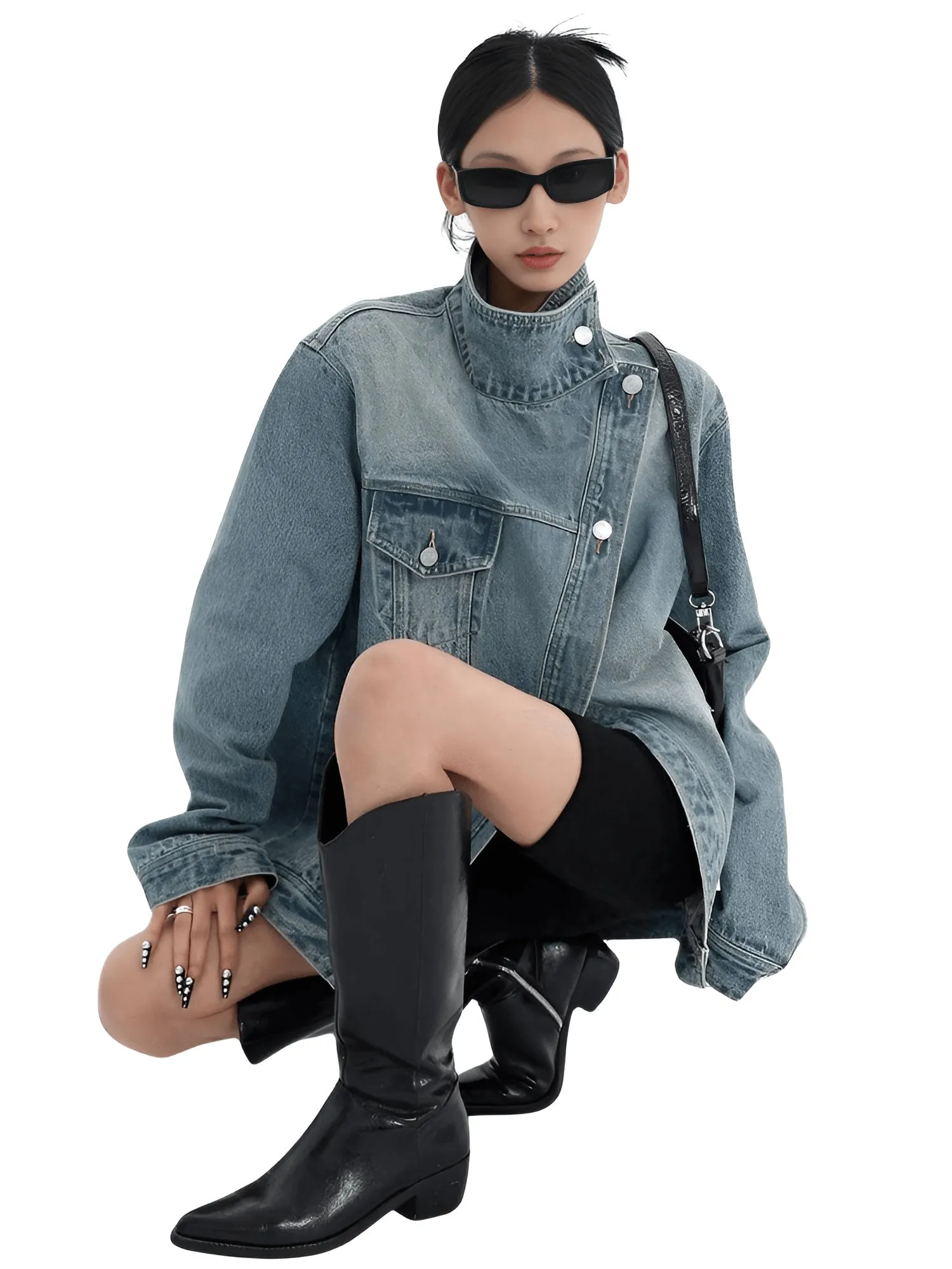 Women's Denim Coat Streetwear Turtleneck Single Breasted Full Sleeve Patchwork Versatile Jacket Fashion Autumn Streetwear Denim